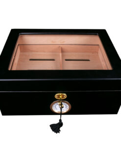 HUMIDOR COLOR NEGRO TAPA DE CRISTAL CHAROLA Y CHAPA P/40 PZA
