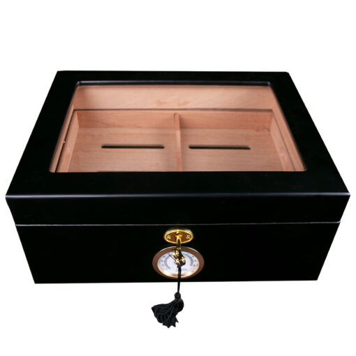 HUMIDOR COLOR NEGRO TAPA DE CRISTAL CHAROLA Y CHAPA P/40 PZA