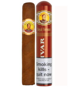 Habano Bolivar Royal Coronas en su tubo de aluminio sobre una base de madera.