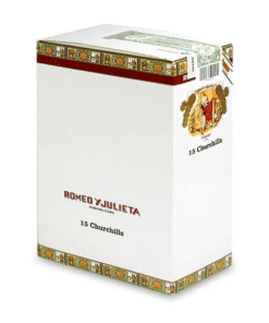 Display de Habanos Romeo y Julieta Churchill Tubo exhibiendo sus tubos de aluminio plateados con vivos rojos y puros de capa carmelita sobre fondo blanco.